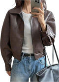Women's Y2K Faux Leather Jacket Zip Up Crop Bomber Jacket
