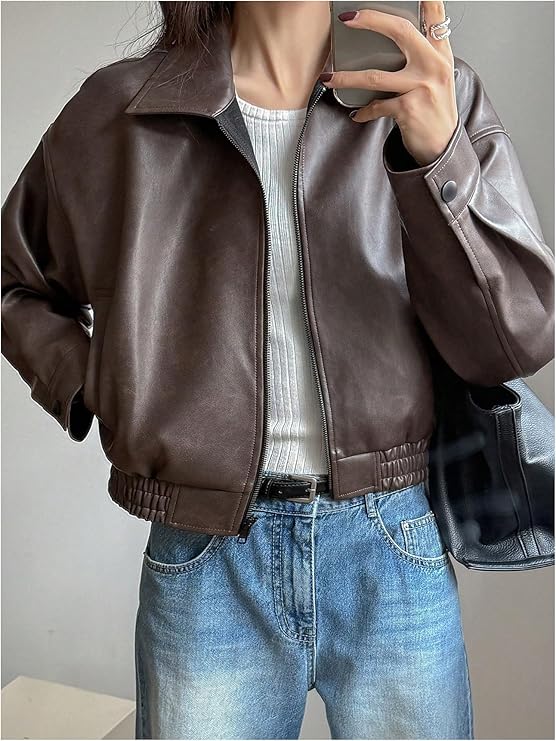 Women's Y2K Faux Leather Jacket Zip Up Crop Bomber Jacket