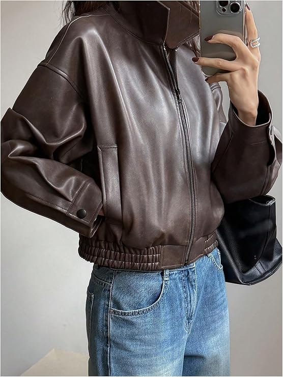 Women's Y2K Faux Leather Jacket Zip Up Crop Bomber Jacket